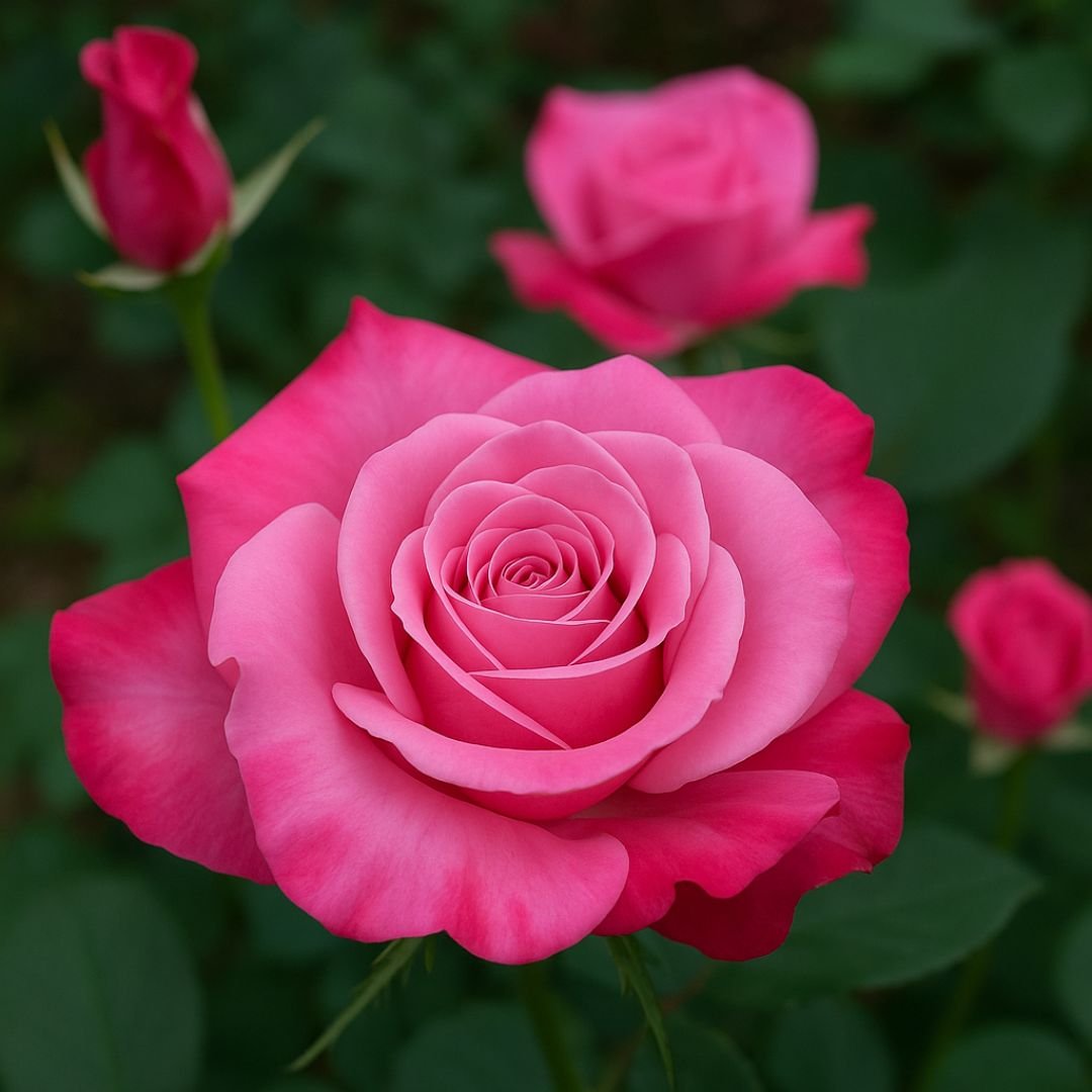 p&eacute; de roseira rosa com bord&ocirc; com flores contrastantes