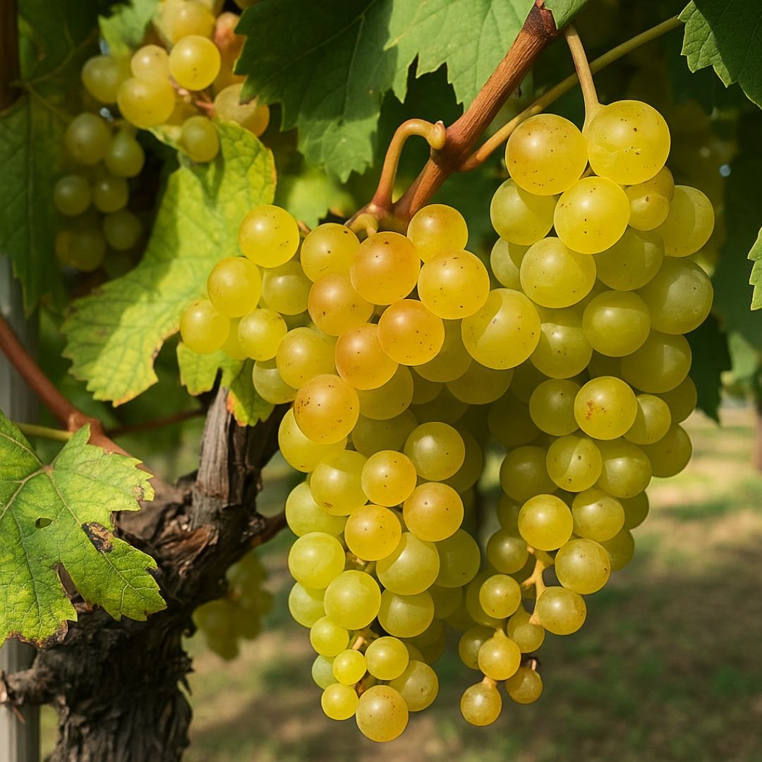 p&eacute; de uva moscato branco com cachos verdes e arom&aacute;ticos