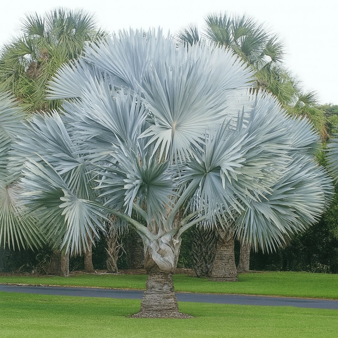 p&eacute; de palmeira azul destacando-se no paisagismo do s&iacute;tio