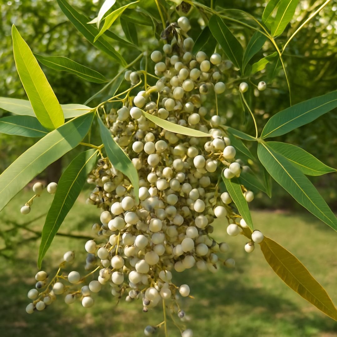 muda de aroeira com flores brancas e vermelhas